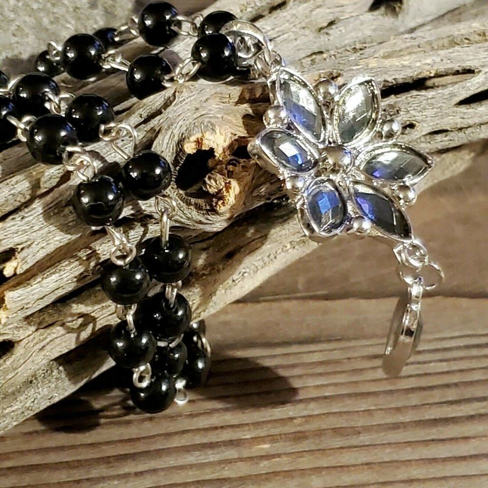 Victorian Style Black Silver and Smoke Navette Flower Pendant Necklace - Picture 3 of 5